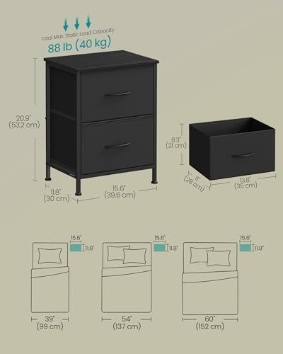Modern 2-Drawer Nightstand, Bedside End Table with Steel Frame, Black
