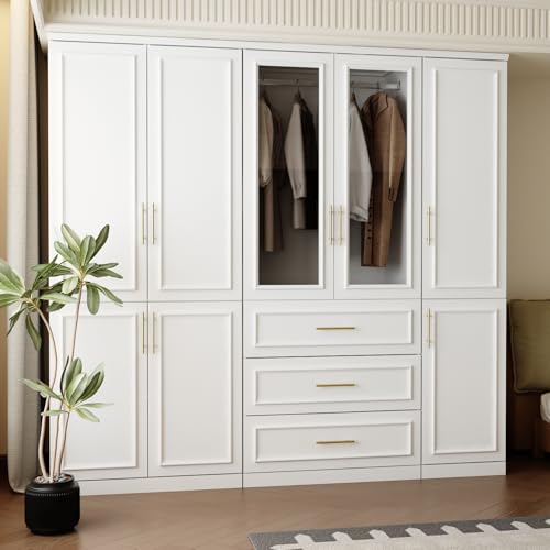 Modern White Wardrobe Armoire with Drawers, Shelves, and Hanging Rods