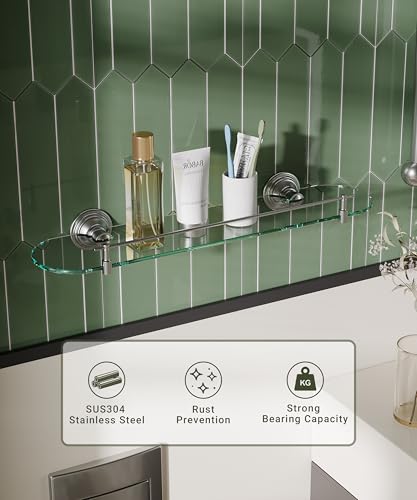 20-Inch Wall-Mounted Glass Bathroom Shelf, Brushed Nickel Floating Shelf