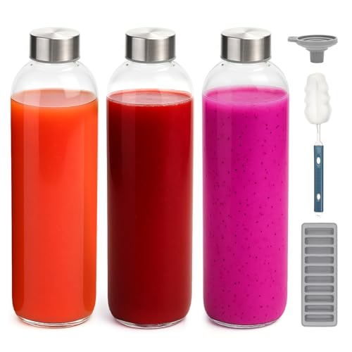 Zukro 32oz Glass Water Bottles with Stainless Steel Lids – Set of 3, Leak-Proof, Reusable Drink Bottles