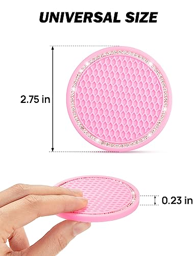 Pink Car Cup Holder Coasters with Rhinestones - 1 Pack, Anti-Slip Silicone, 2.75 inch