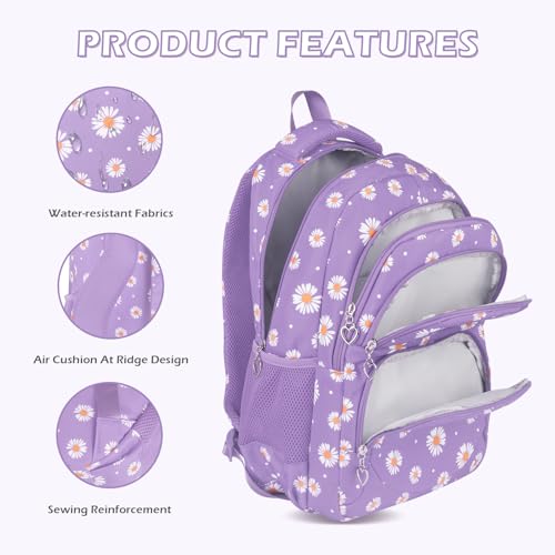 Girls Daisy Print Backpack 3-Piece Set with Insulated Lunch Box & Pencil Case
