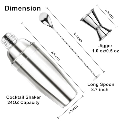 Ohtomber Silver 24oz Stainless Steel Cocktail Shaker Set Bar Bartender Kit