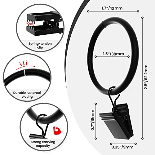 Matte Black Curtain Rings with Clips, 1.5 Inch - 20 Pack