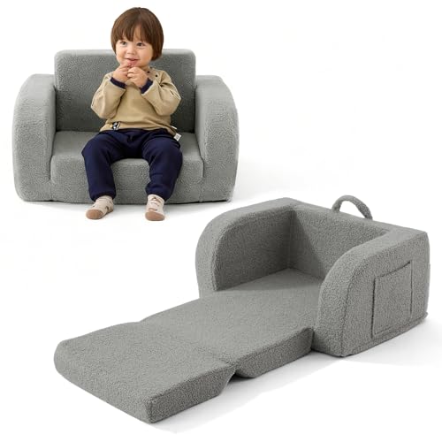 2-in-1 Convertible Toddler Couch & Fold-Out Foam Sofa Chair - Grey