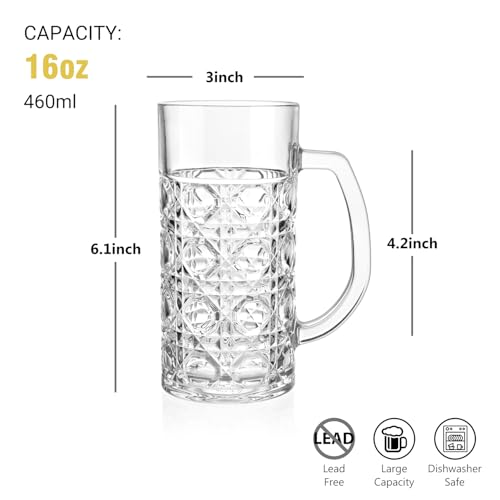 16oz Beer Mug Set of 2, Heavy Glass Beer Steins with Handle