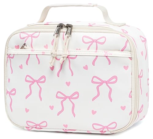 Cute Bow Insulated Lunch Bag for Girls & Women, Pink Thermal Tote Bag