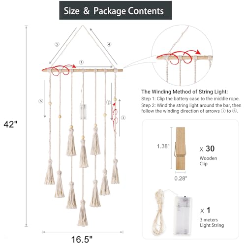 Macrame Hanging Photo Display with String Lights and 30 Wood Clips