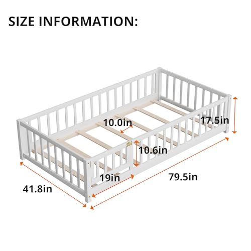 Twin Montessori Floor Bed Frame with Safety Fence and Door, Solid Wood