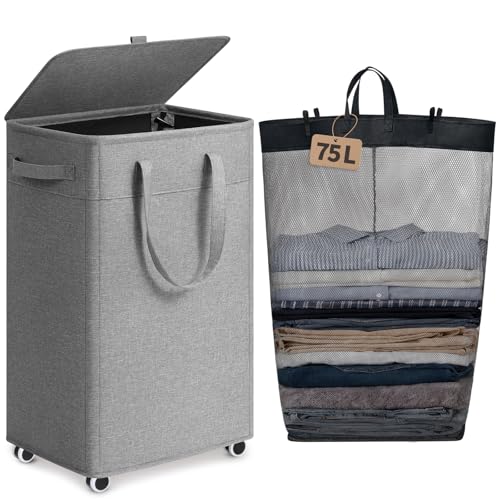 Goodpick 75L Rolling Laundry Hamper with Lid & Removable Bag, Grey