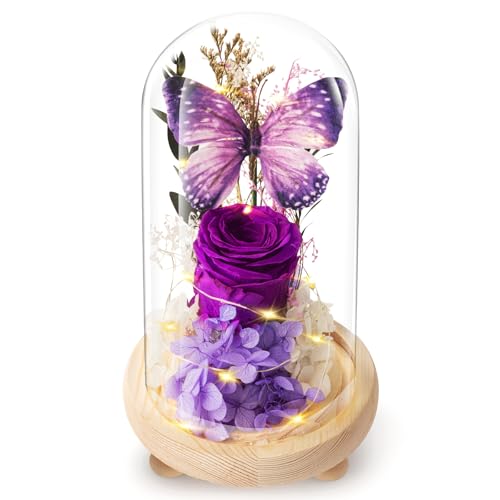 Preserved Purple Rose in Glass Dome with LED Light, Romantic Gift for Her