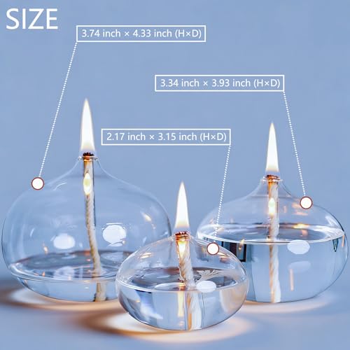 Set of 3 Refillable Borosilicate Glass Oil Lamps for Indoor Use