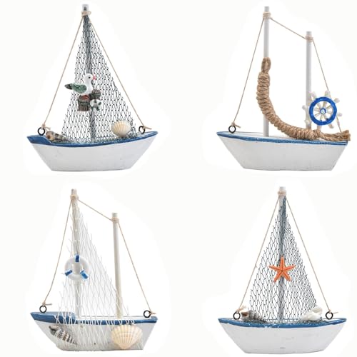 4-Piece Mini Wooden Sailboat Table Decor - Nautical Beach Bathroom Ornament