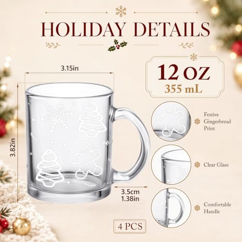 LemonRoad 4 Pcs Christmas Glass Coffee Mugs 12 oz Gingerbread Cups - Variation: 4 / Christmas