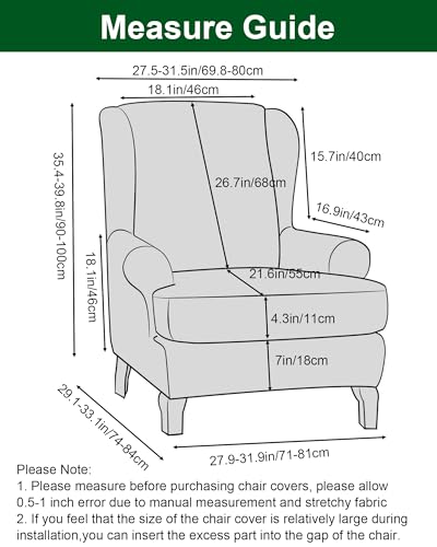 Wingback Chair Covers - 2-Piece Green Slipcovers for Armchairs