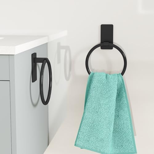 STWWO Black Adhesive Hand Towel Ring - No Drill Towel Holder for Bathroom