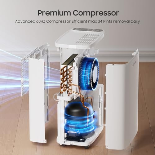 34 Pint Dehumidifier for Basement with Drain Hose & 4 Modes