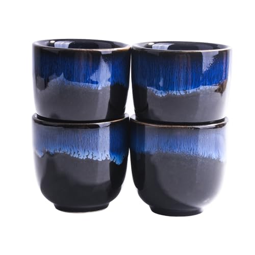 Cerficer Japanese Ceramic Sake Cup Set of 4 - Small Blue & Black 2.04'' Drinking Cups, Traditional Asian Design, Handcrafted for Sipping & Sharing
