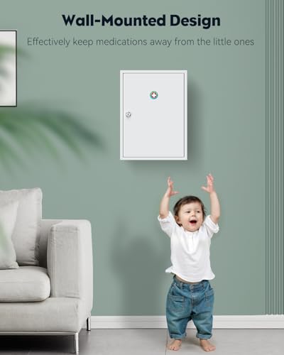 Locking Medicine Cabinet, Wall-Mounted Steel Medication Organizer with Keys