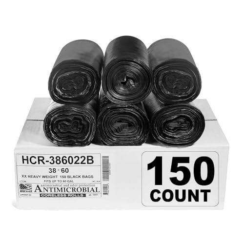 60 Gallon Black Heavy Duty Trash Bags (150 Pack) - 38" x 60", 22 Micron