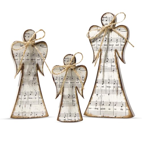 Treory Rustic 3Pcs Angel Decor Set – Christmas Carols Wooden Nativity Ornaments