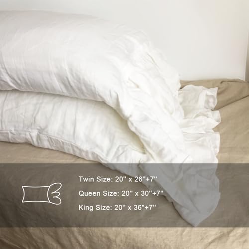 Queen Size White French Linen Pillow Sham, 20x30 Inch Ruffled Pillow Cover