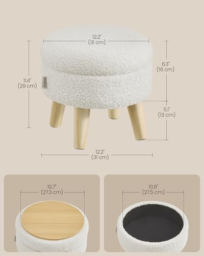 Round Storage Ottoman with Teddy Fleece and Wood Legs, 12.2-Inch