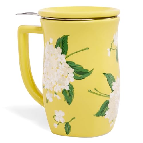 Tea Forte Hydrangea Ceramic Fiore Tea Cup with Infuser, 14 oz - Elegant Double-Wall Mug