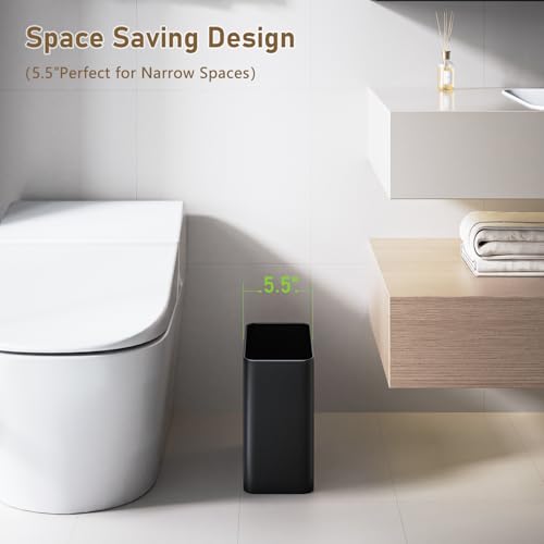 Small Bathroom Trash Can 2.4 Gallon Slim Matte Black Wastebasket