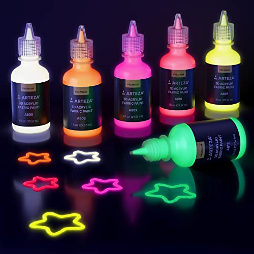 ARTEZA Fabric Paint, Set of 30, Permanent 3D Paint, Glow-in-the-Dark, Glitter, Neon, and Metallic Hues, Paint for Textiles, Canvas, and Wood