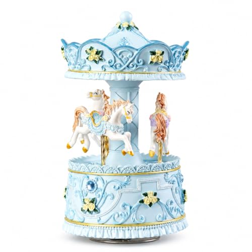 Rotating Carousel Music Box with Light, Vintage Wind-Up Merry-Go-Round
