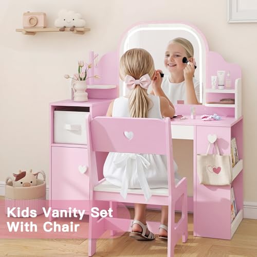 Kids Vanity Table and Chair Set with LED Lighted Mirror and Storage Cabinet