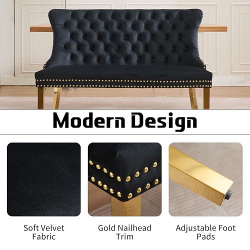 Black Velvet Dining Bench with Back & Gold Stainless Steel Legs - Shenyon, Tufted Banquette Seating, Modern Home Decor