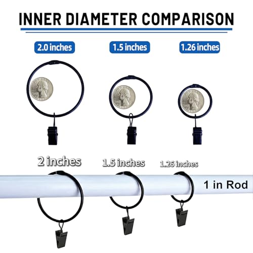 2-Inch Openable Curtain Rings with Clips - 24 Pack Metal Rustproof Drapes