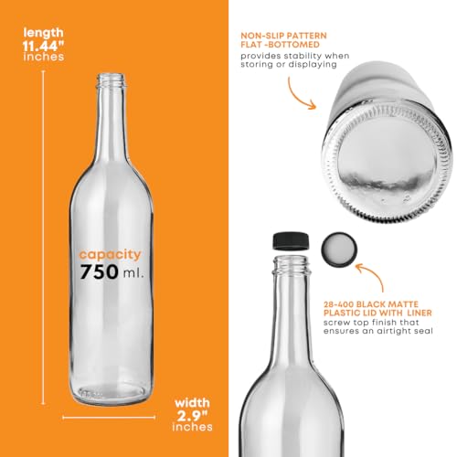 Clear Glass Wine Bottles 750ml with Lids 12-Pack for Winemaking