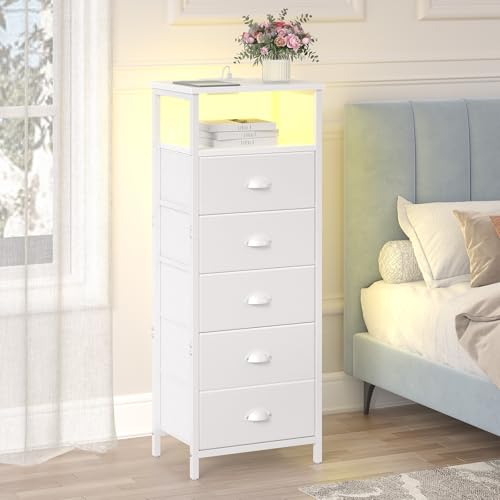 Nightstand with Charging Station, 5 Drawers, RGB LED Lights, White