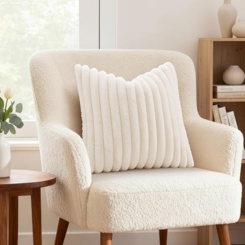 Faux Fur Throw Pillow Covers 18x18 Set of 2 - Soft Plush Cream White