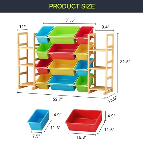 Large Solid Wood Toy Storage Organizer with 12 Bins and Bookshelf