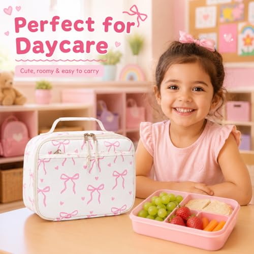 Cute Bow Insulated Lunch Bag for Girls & Women, Pink Thermal Tote Bag