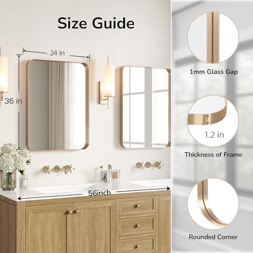 24x36 Brushed Gold Bathroom Mirror - 2 Pack, Rustproof Aluminum Frame