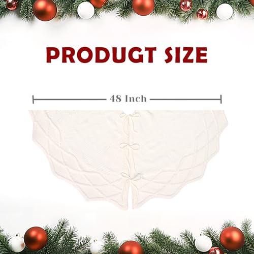 48-Inch Cable Knit Christmas Tree Skirt, Thick Rustic Holiday Decor, White