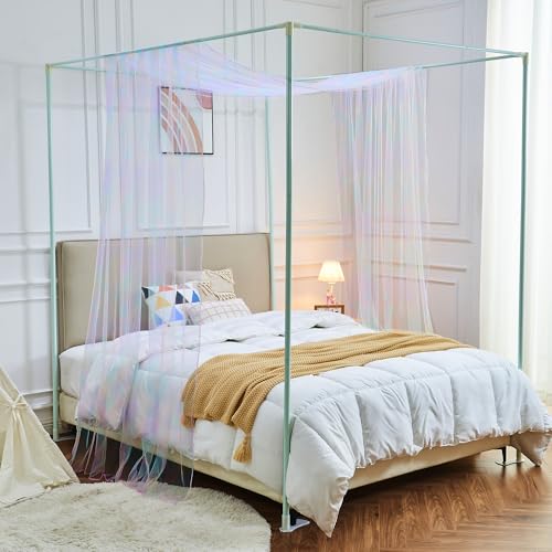 Rainbow Tie-Dye Bed Canopy for Kids with Lights, Sheer Tulle Curtains