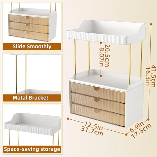 5-Tier Acrylic Makeup Organizer with 3 Drawers, Gold Frame Vanity Storage