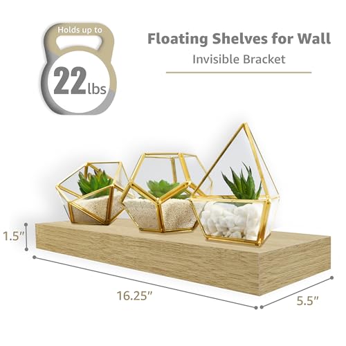 16-Inch Floating Wall Shelves with Invisible Brackets - Maple Wood, Set of 3