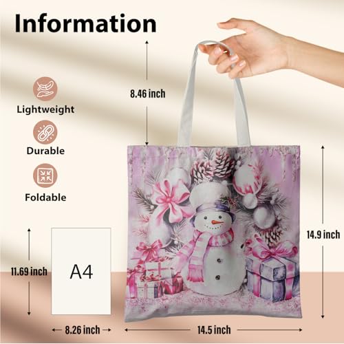 Veqzc Pink Snowman Christmas Canvas Tote Bag for Women