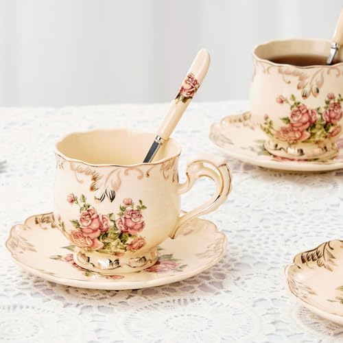 YOLIFE Pink Rose Tea Saucers Set of 4, 5.8-Inch Fine Porcelain Tea Plates