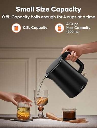 0.8L Small Electric Kettle, Double Wall Stainless Steel Mini Tea Boiler