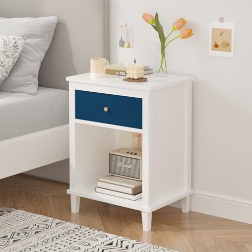 Modern Navy Nightstand with Drawer and Storage Shelf for Bedroom