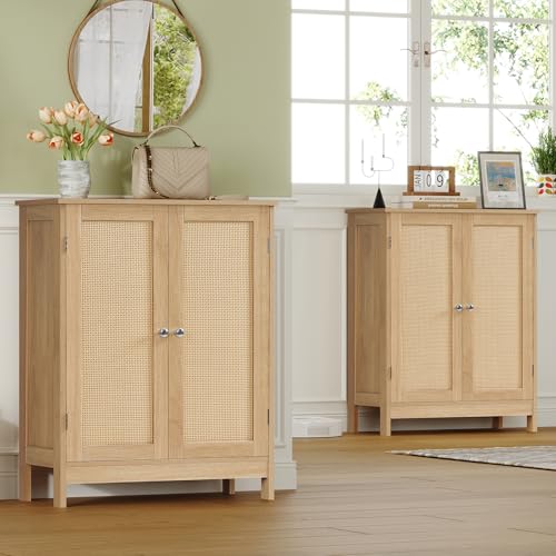 Natural Rattan Storage Cabinet with Adjustable Shelves, 31-Inch Sideboard
