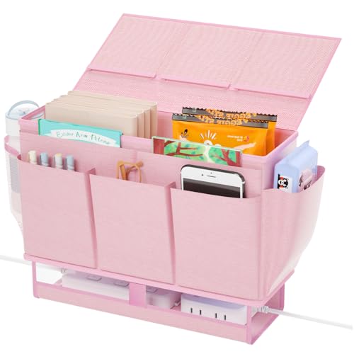 Bedside Caddy Organizer with 11 Pockets and Power Strip Holder, Pink